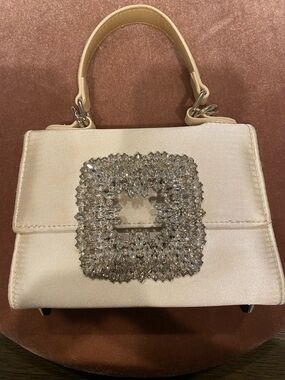 Crystal-Buckle Mini Top-Handle Bag in Ivory